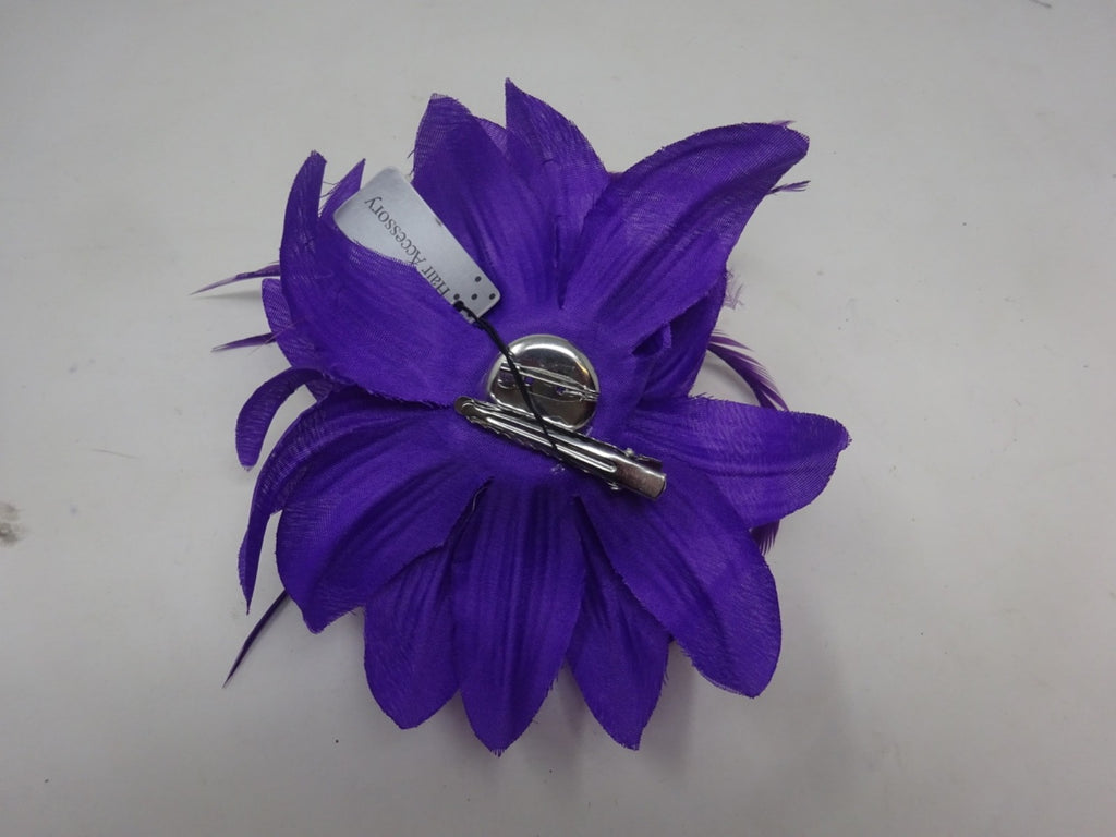 Purple Corsage Brooch Fascinator Fabric Petals with Long Slim Fine Feathers