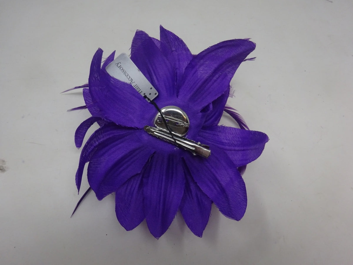 Purple Corsage Brooch Fascinator Fabric Petals with Long Slim Fine Feathers