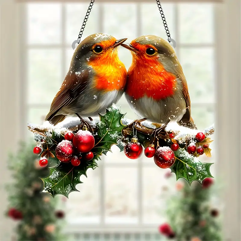 Festive Hanging Acrylic Garden Suncatcher Robins Snowy Holly with Berries 20cm