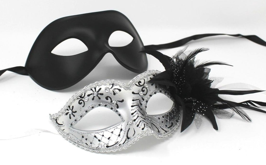 HIS N HERS PAIR COUPLES SILVER AND  BLACK VENETIAN MASQUERADE PARTY  EYE MASKS