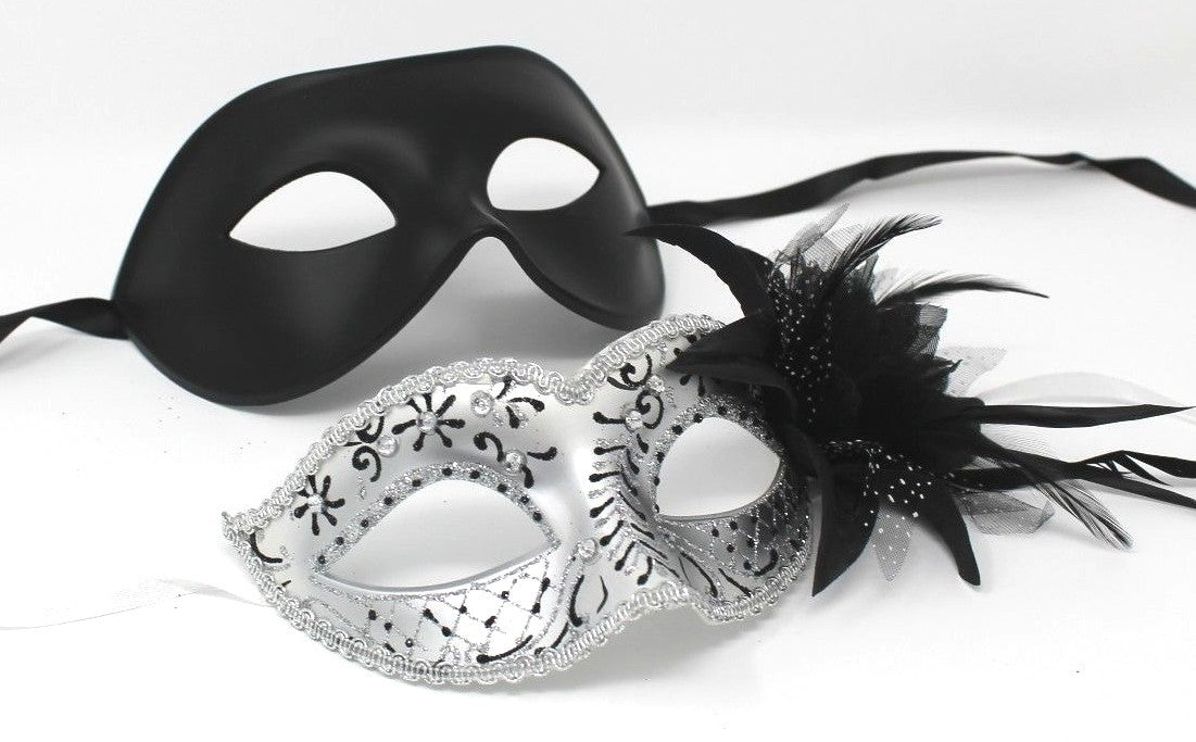 HIS N HERS PAIR COUPLES SILVER AND  BLACK VENETIAN MASQUERADE PARTY  EYE MASKS