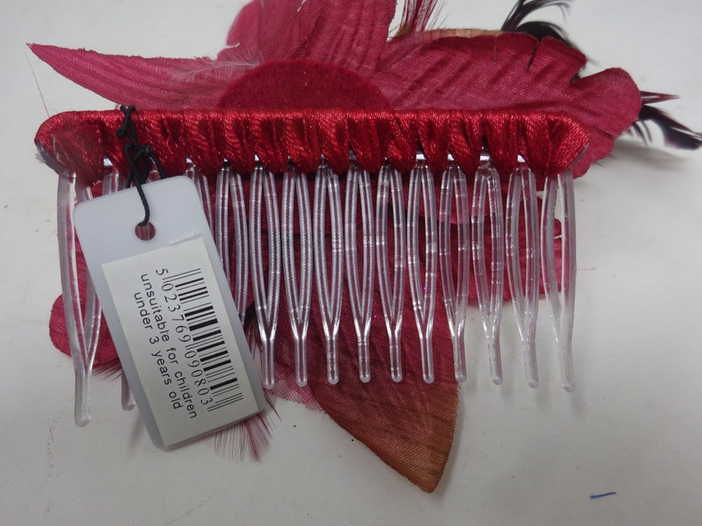 Dark Red Fascinator Fabric Petals Beaded Stamens Mixed Feathers on Clear Comb