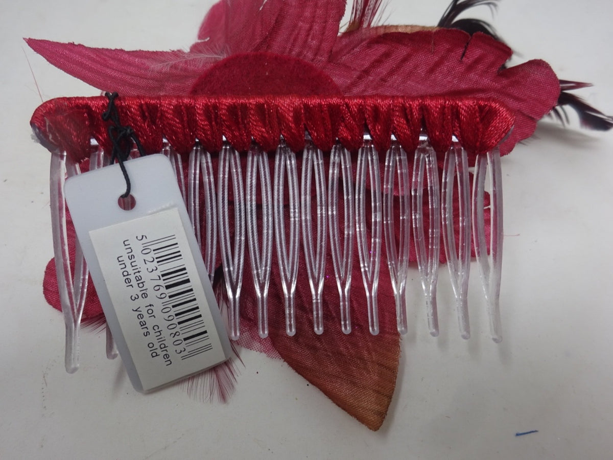 Dark Red Fascinator Fabric Petals Beaded Stamens Mixed Feathers on Clear Comb