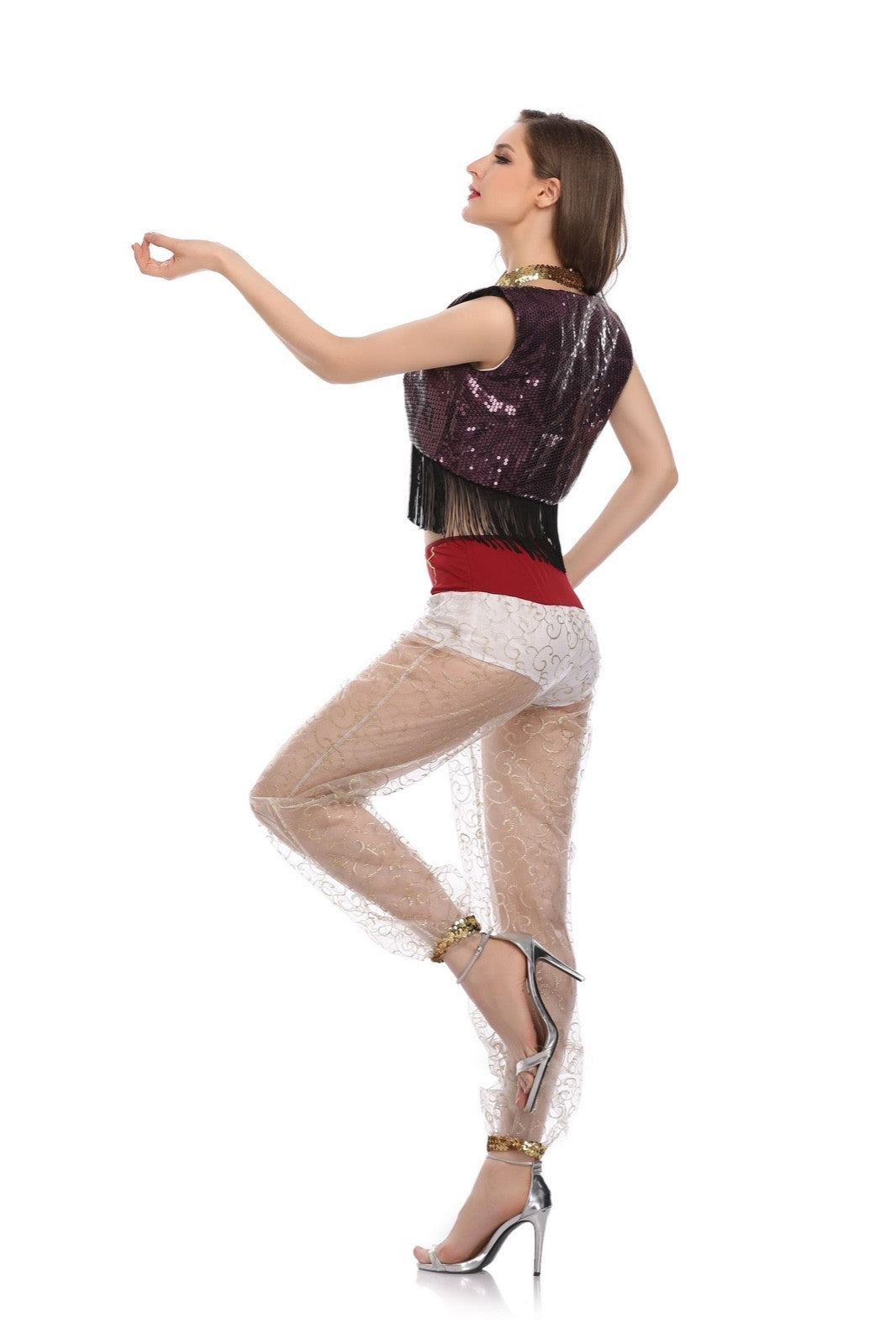 5 Piece Arabian Nights Belly Dancing Harem Bra Pants Waistcoat & Fez Size 8-12