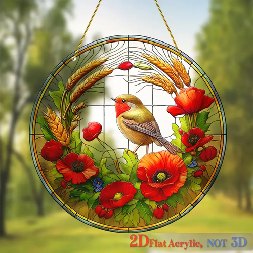 Acrylic Hanging Garden Suncatcher Robin & Flowers 20cm Diameter on Yellow Cord