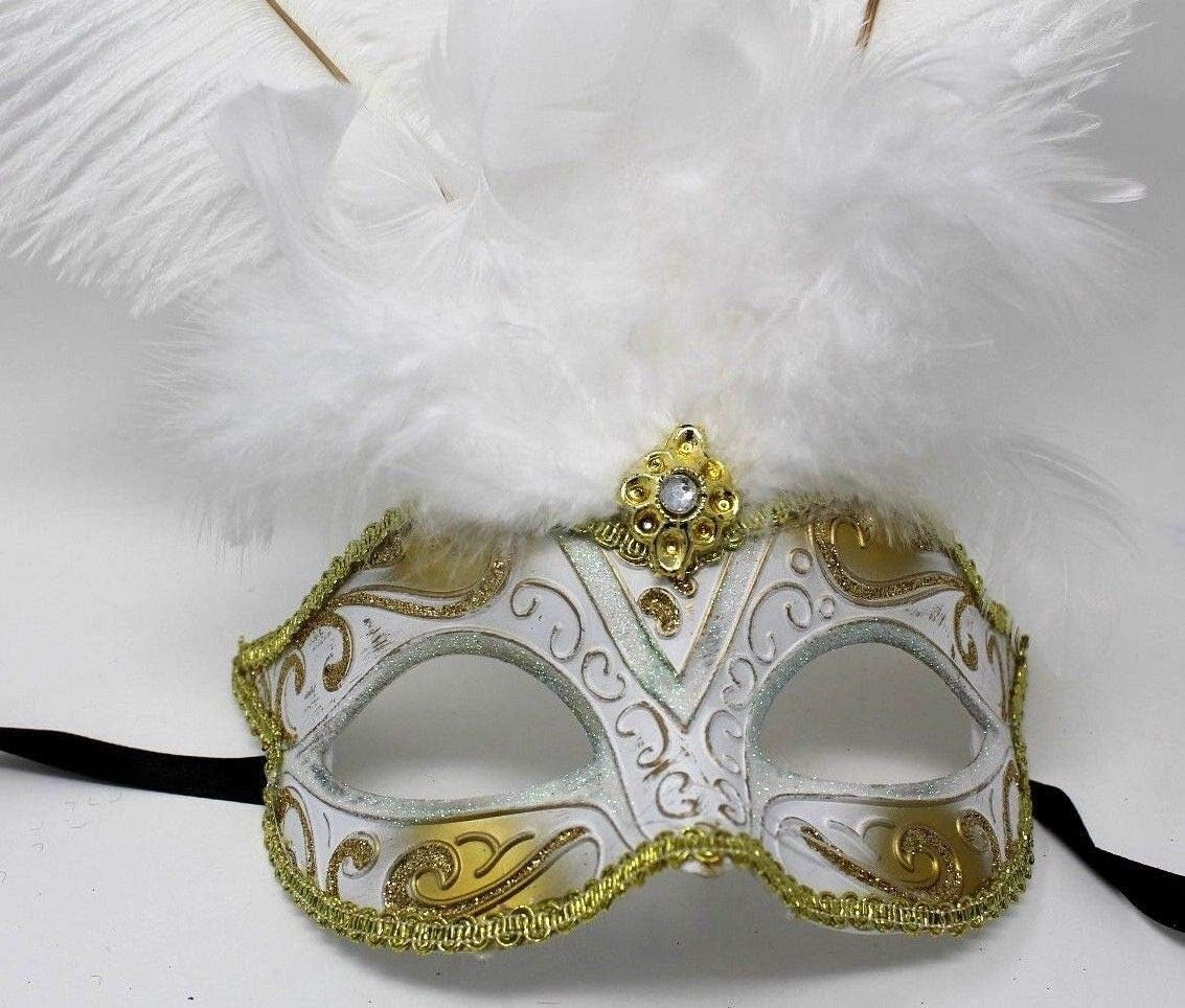LADIES WHITE & GOLD VENETIAN MASQUERADE PARTY CARNIVAL BALL EYE FEATHER MASK