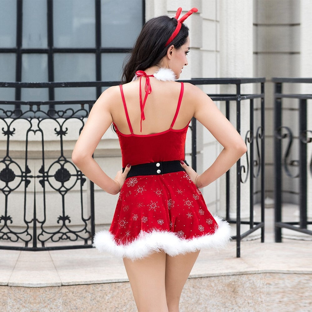 Ladies Santa Mrs Christmas Costume Outfit Dress Headband Choker Belt Thong 10-12