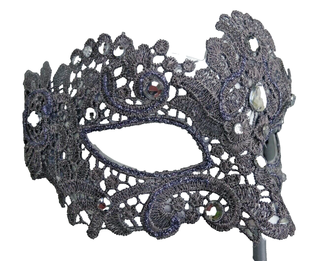 HAND HELD SILVER GREY JEWELLED LACE BROCADE MASK VENETIAN MASQUERADE EYE BALL