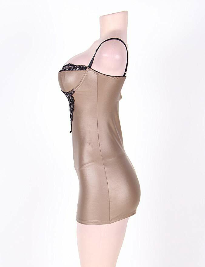 Stunning Womens Sexy Faux Leather Brown Babydoll Chemise Negligee & Thong Size 8