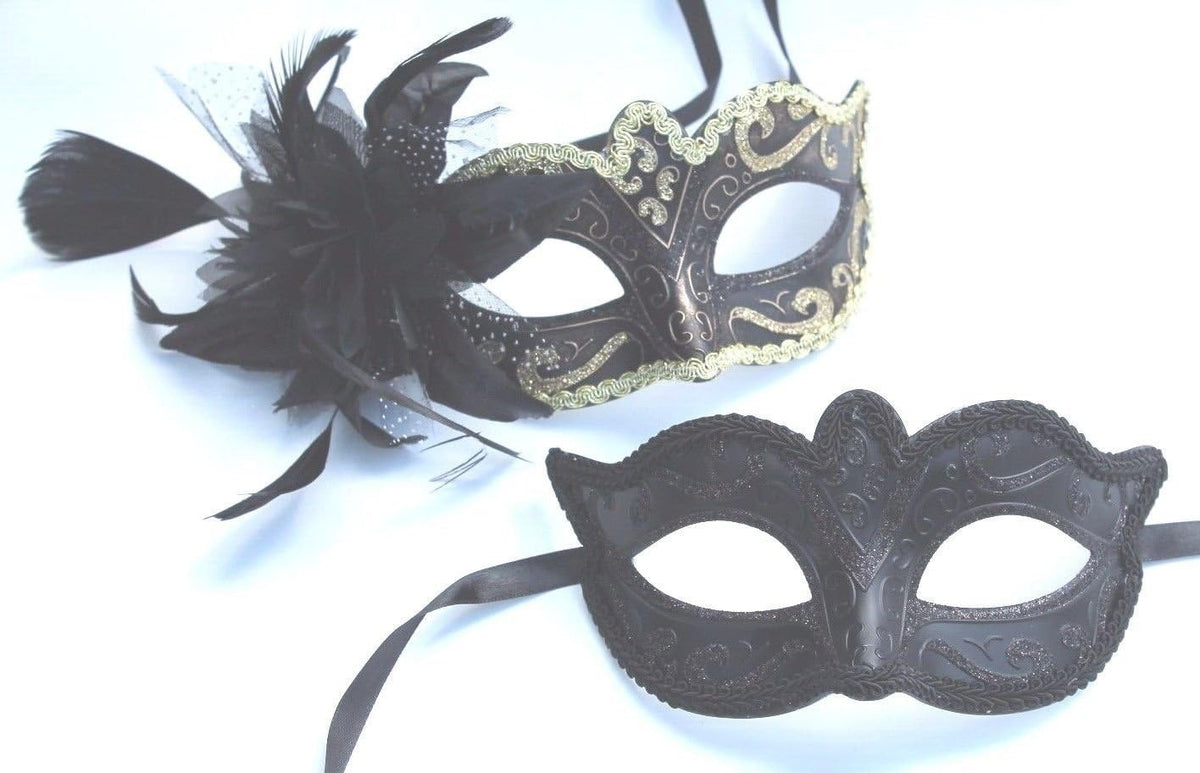 HIS N HERS PAIR COUPLES CO-ORDINATED BLACK VENETIAN MASQUERADE PARTY EYE MASKS