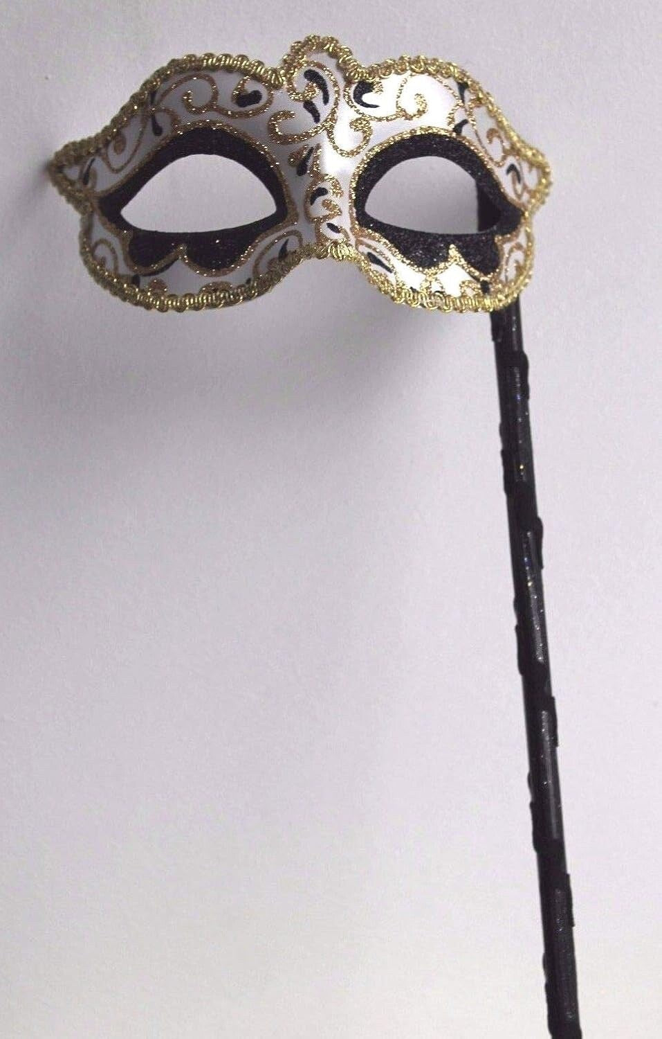 GOLD IVORY & BLACK VENETIAN MASQUERADE PARTY CARNIVAL BALL MASK HAND HELD STICK