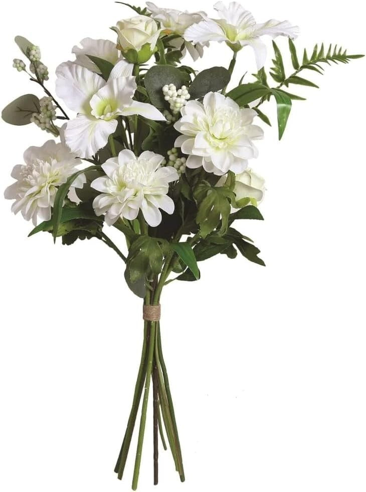 Artificial Hand Tied Floral Bouquet 60cm Tall White Dahlia & Rose Flowers Bundle