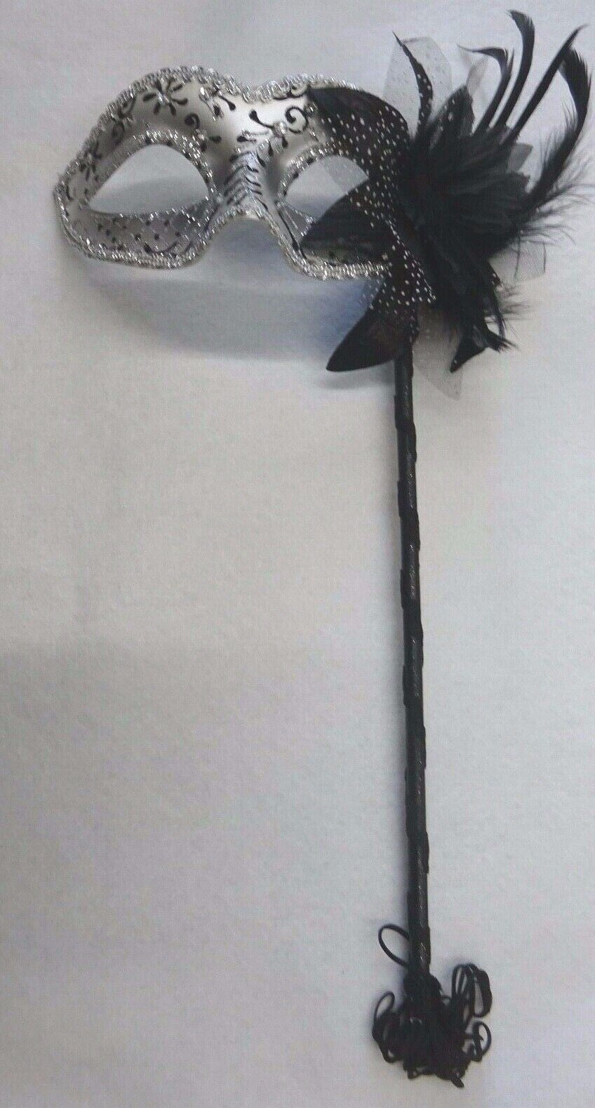 BLACK & SILVER WITH FLOWER & STICK VENETIAN CARNIVAL BALL MASQUERADE PARTY MASK
