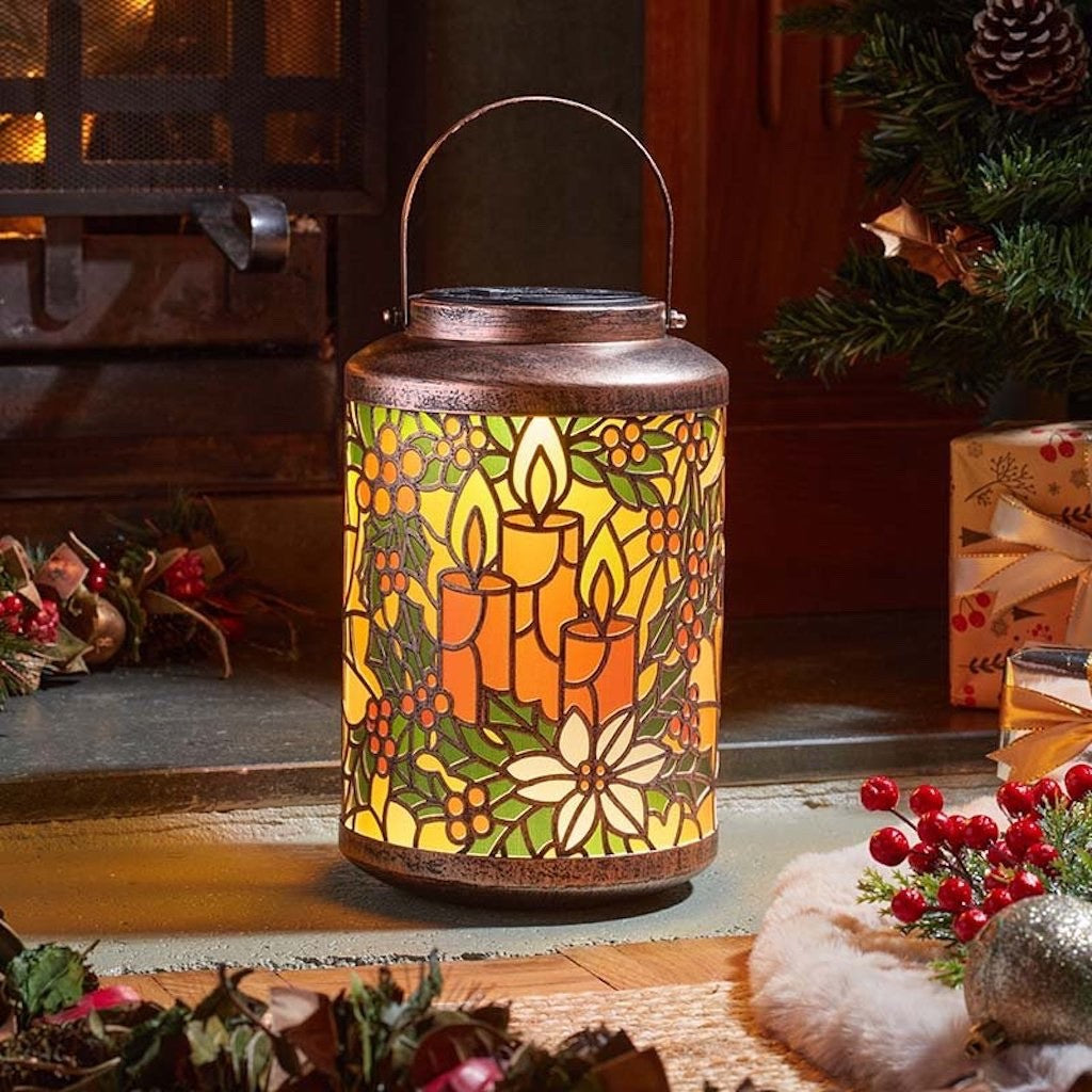 Multicoloured LED Light Up Art Lantern Candles & Holly Decoration Timer Function