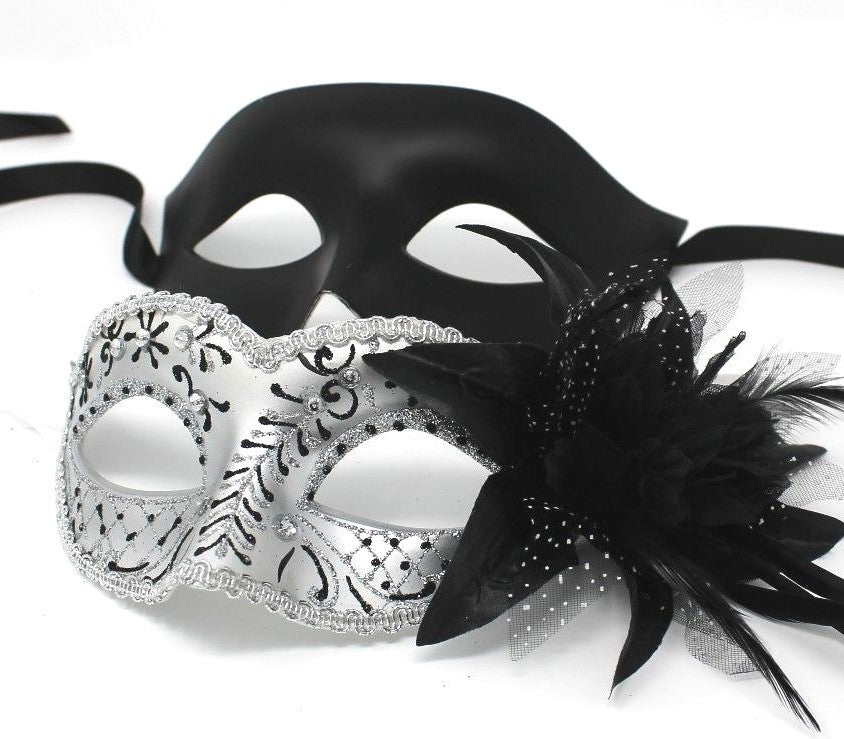 HIS N HERS PAIR COUPLES SILVER AND  BLACK VENETIAN MASQUERADE PARTY  EYE MASKS