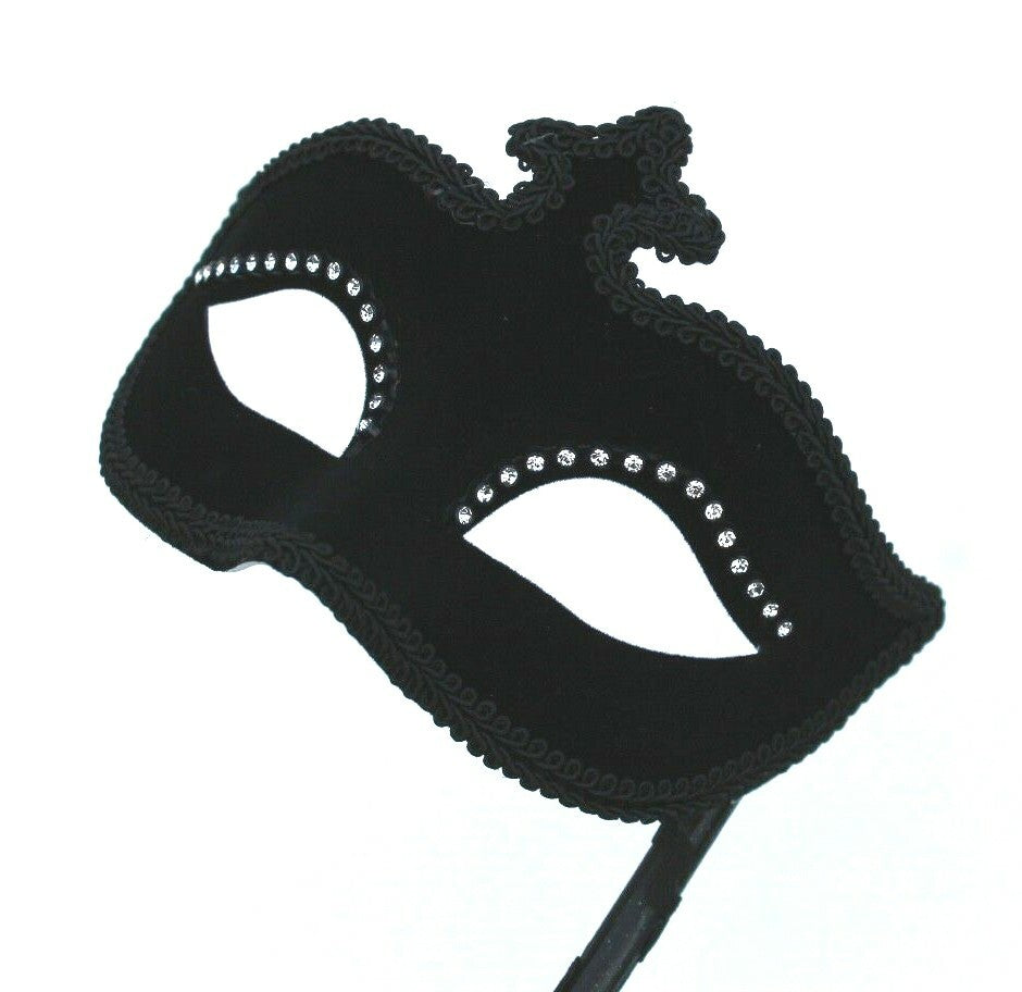 Black Velvet Jewelled Venetian Masquerade Party Carnival Eye Ball Mask on Stick