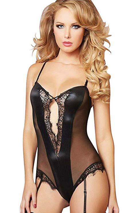 Ladies Sexy Black Faux Leather/Lace Babydoll Teddy Chemise Body Size 8-10 10-12