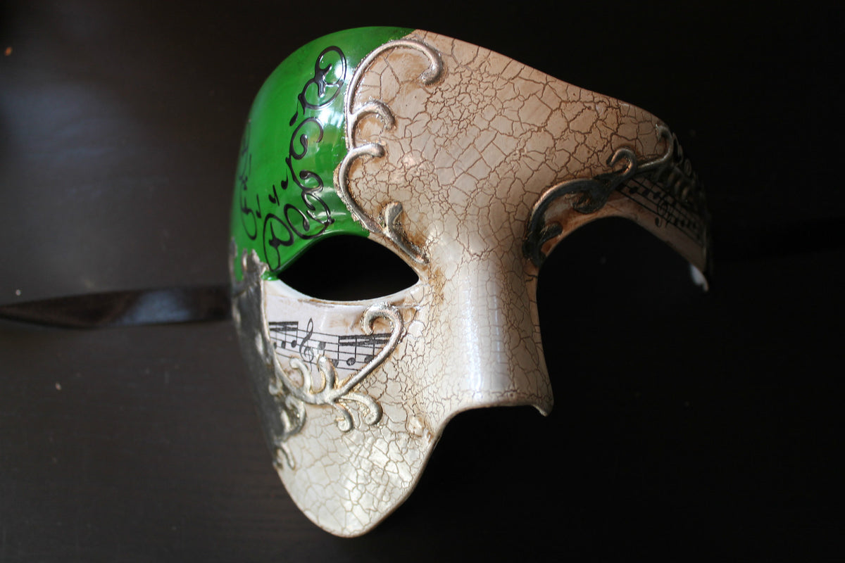 QUALITY GREEN & SILVER HALF FACE PHANTOM MUSICAL NOTES MASQUERADE MASK