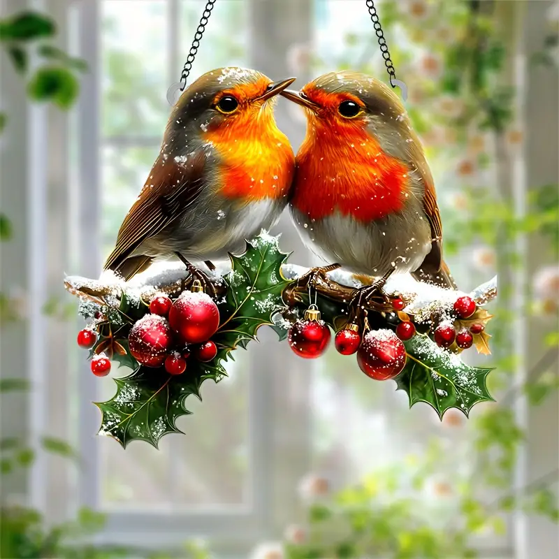 Festive Hanging Acrylic Garden Suncatcher Robins Snowy Holly with Berries 20cm