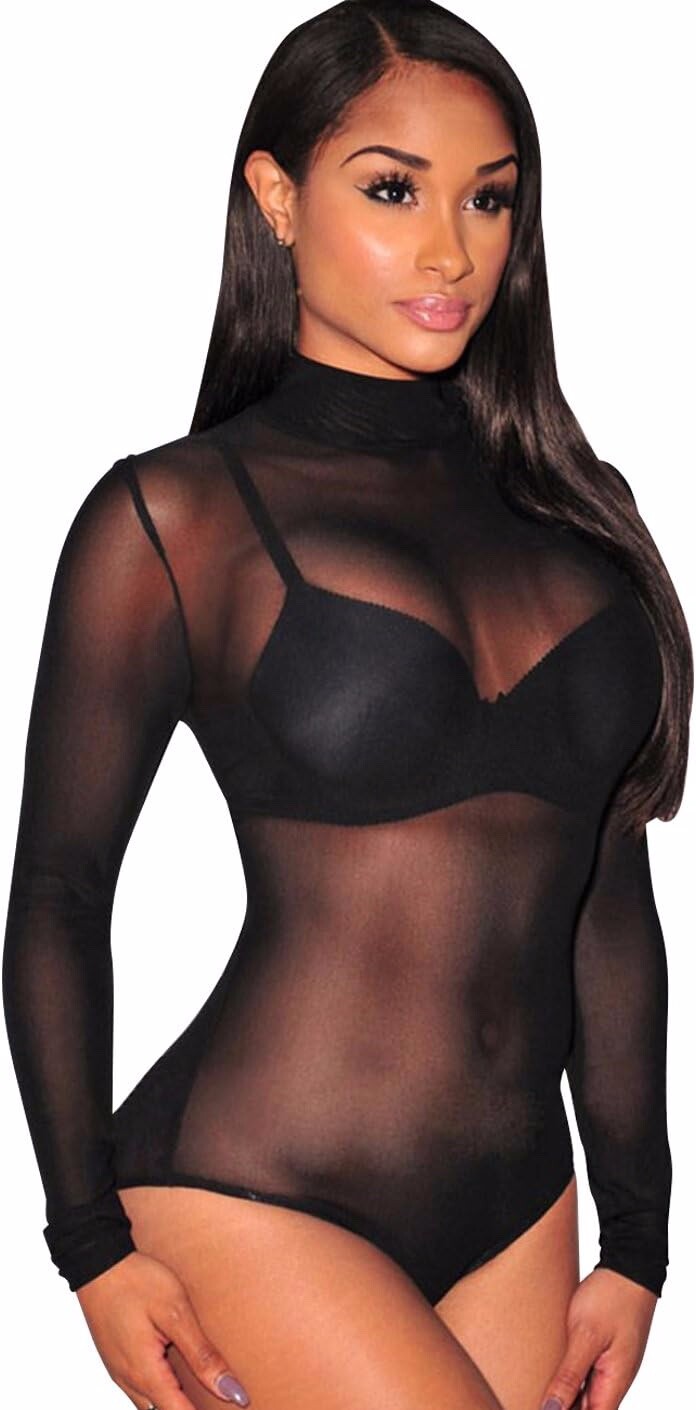 Ladies Elegant Black Sheer Transparent Fabric Leotard Playsuit Body Size 10-12