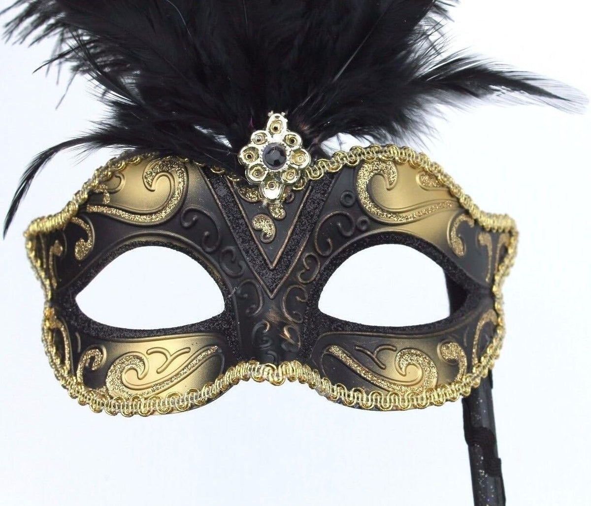 Black & Gold Feather Venetian Masquerade Carnival Party Ball Eye Mask On Stick