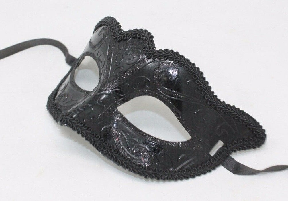 MASQUERADE BALL MASK VENETIAN PARTY EYE MASK JET GLOSS BLACK CARNIVAL