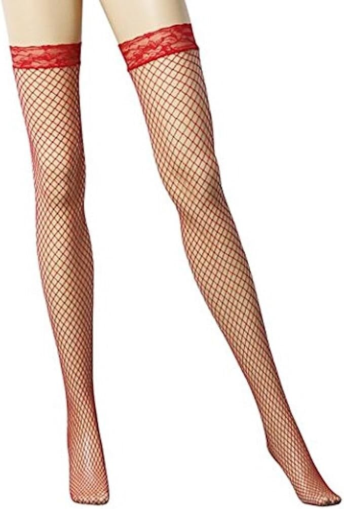 Ladies Sexy Lingerie Red Fishnet Stockings with Lace Tops Fancy Dress