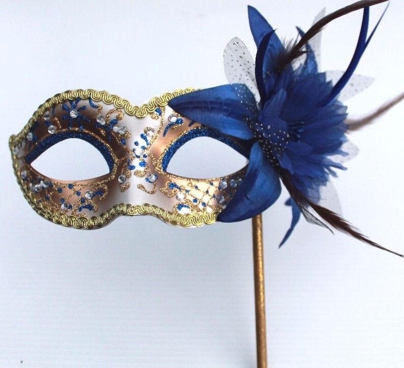 BLUE GOLD & CRYSTAL VENETIAN MASQUERADE PARTY CARNIVAL BALL MASK FLOWER & STICK