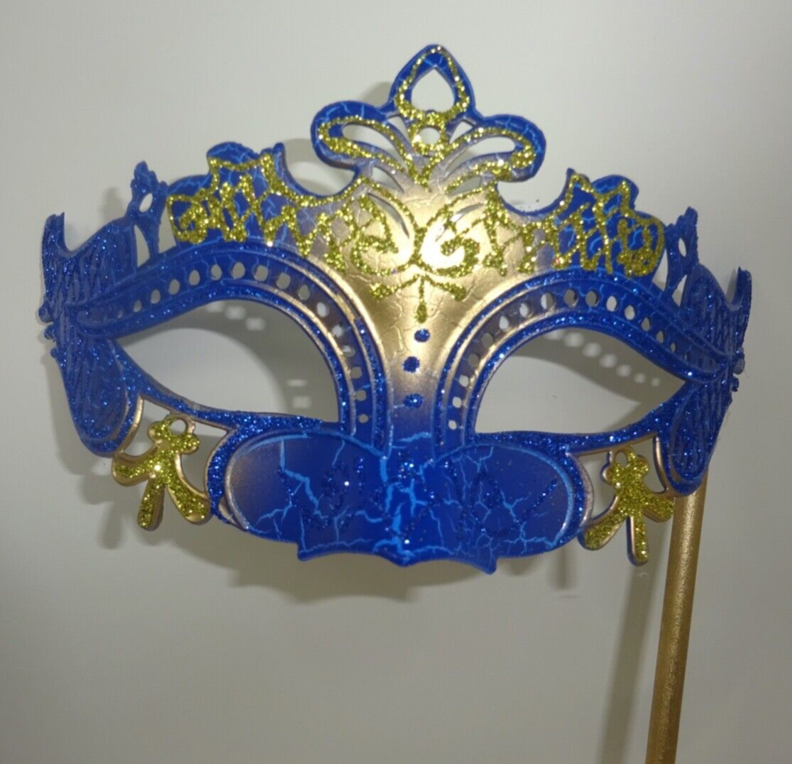 GOLD & BLUE VENETIAN MASQUERADE PARTY CARNIVAL BALL MASK ON A HAND HELD STICK