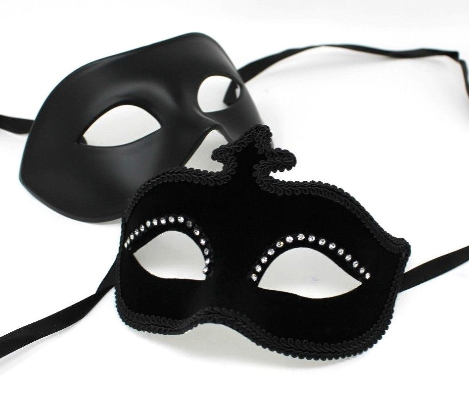 HIS N HERS PAIR COUPLES BLACK JEWELLED VENETIAN MASQUERADE PARTY EYE MASKS