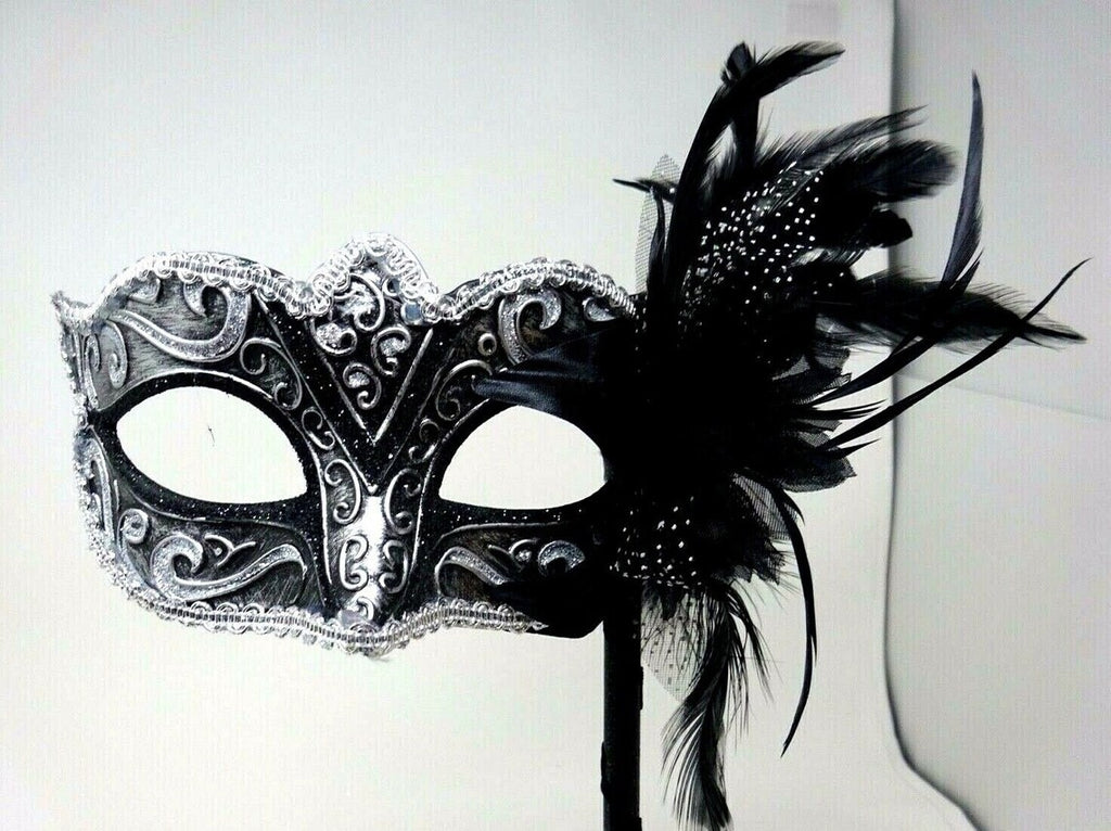 BLACK & SILVER BRAID VENETIAN MASQUERADE PARTY CARNIVAL BALL EYE MASK HAND HELD