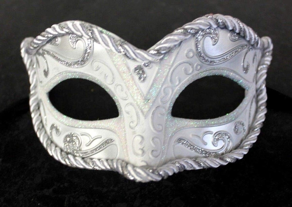 SILVER & WHITE BRAIDED VENETIAN CARNIVAL MASQUERADE PARTY EYE BALL WEDDING MASK