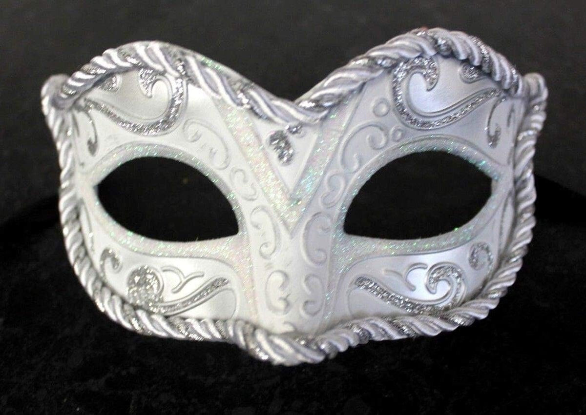 SILVER & WHITE BRAIDED VENETIAN CARNIVAL MASQUERADE PARTY EYE BALL WEDDING MASK