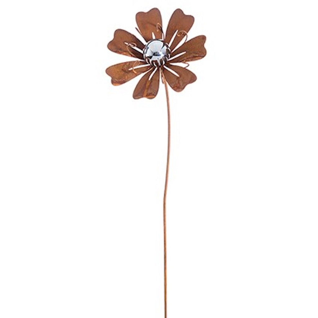 Rusty Patina Metal Flower Lily Garden Stake with Stamens & Silver Ball 1m  Tall