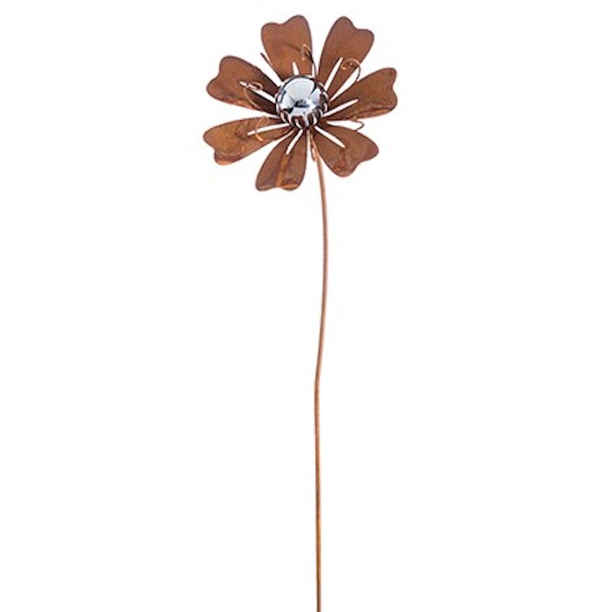 Rusty Patina Metal Flower Lily Garden Stake with Stamens & Silver Ball 1m  Tall