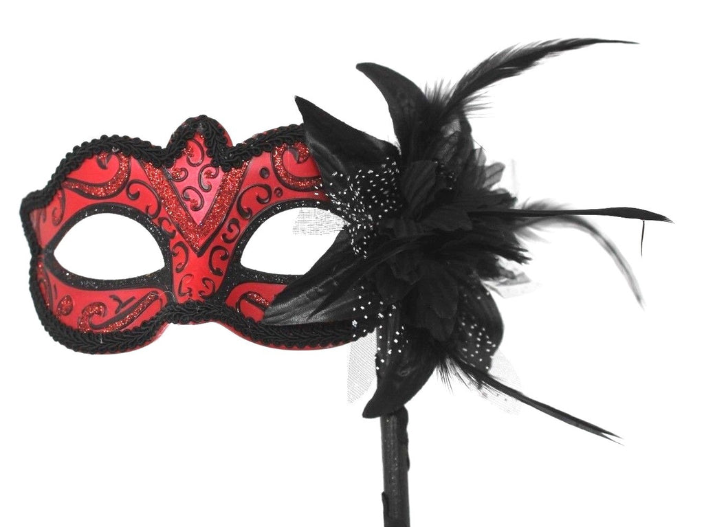 STUNNING BLACK & RED VENETIAN MASQUERADE PARTY BALL CARNIVAL MASK HAND STICK