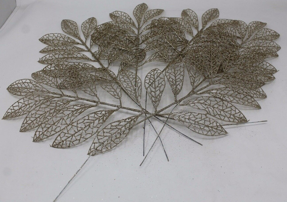 6 x Artificial Champagne Glitter Leaves Christmas Decoration Wreath 32cm Long