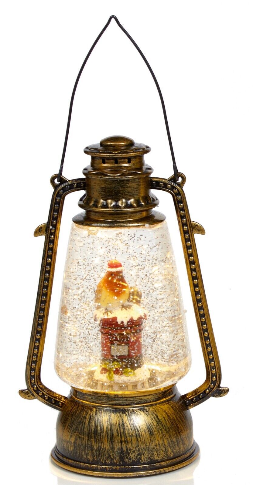 Christmas LED Gold Water Spinner Glitter Snow Globe Robin Lantern 24cm High
