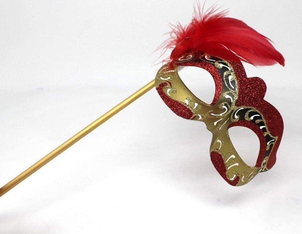 RED WHITE & GOLD FEATHER VENETIAN MASQUERADE PARTY BALL EYE MASK HAND HELD STICK