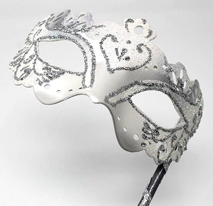 WHITE & SILVER RIALTO VENETIAN MASQUERADE PARTY CARNIVAL BALL ON HAND HELD STICK