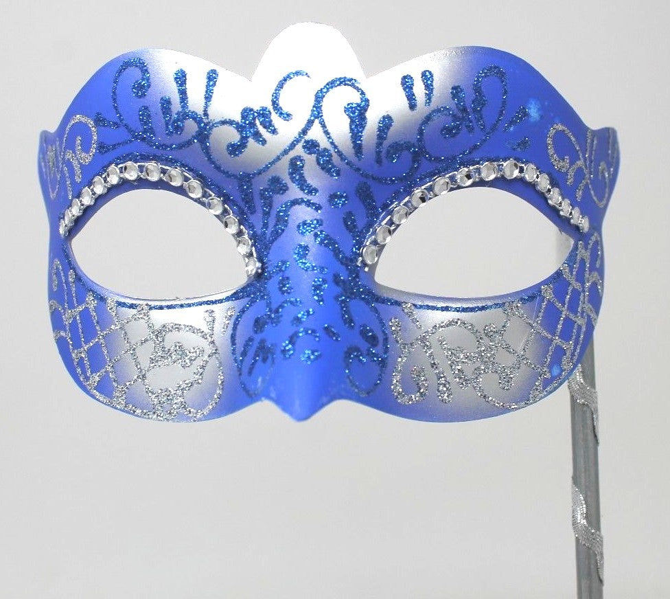 STUNNING BLUE & SILVER VENETIAN MASQUERADE PARTY EYE MASK ON A HAND HELD STICK