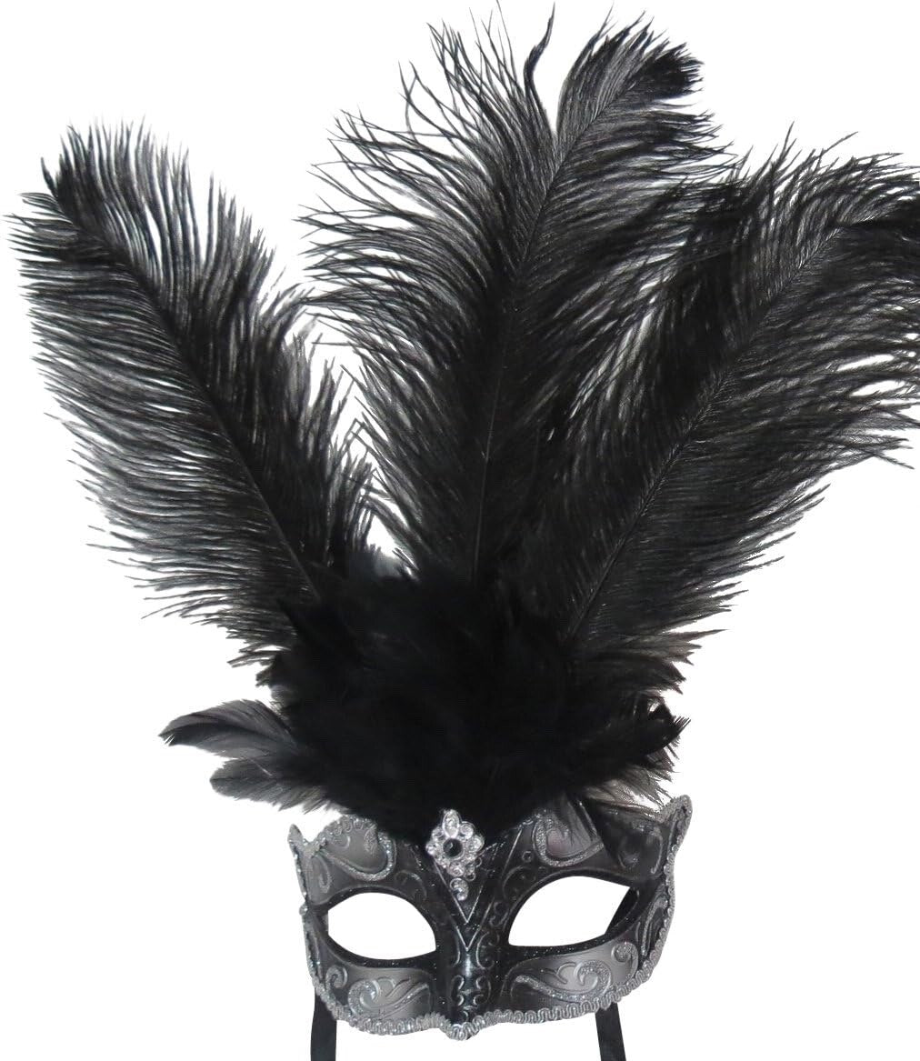 Black & Silver Long Feather Venetian Masquerade Carnival Party Ball Eye Mask