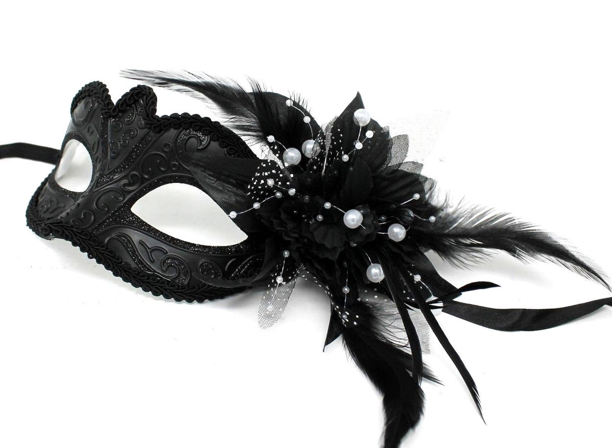MIDNIGHT BLACK MASK WITH FLOWER/PEARLS VENETIAN MASQUERADE PARTY BALL PROM EYE