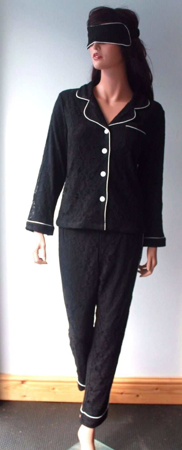 Ladies Black Lace Lined Ladies Pyjamas Longe Pants Size 8-10 with Sleep Mask