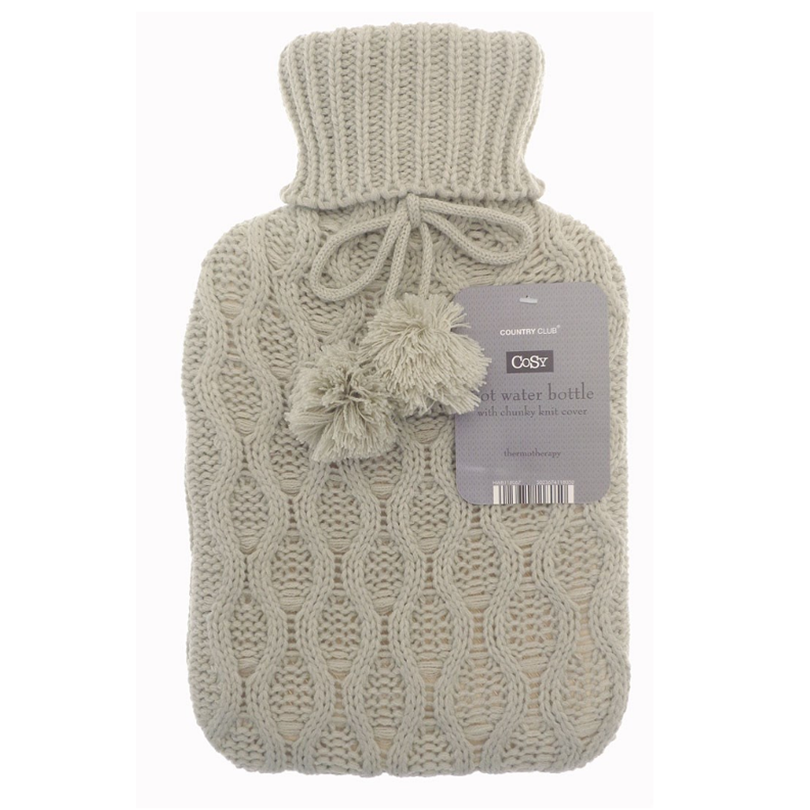 2 Litre Natural Rubber Hot Water Bottle Chunky Knit Cable Knitted Pom Pom Cover
