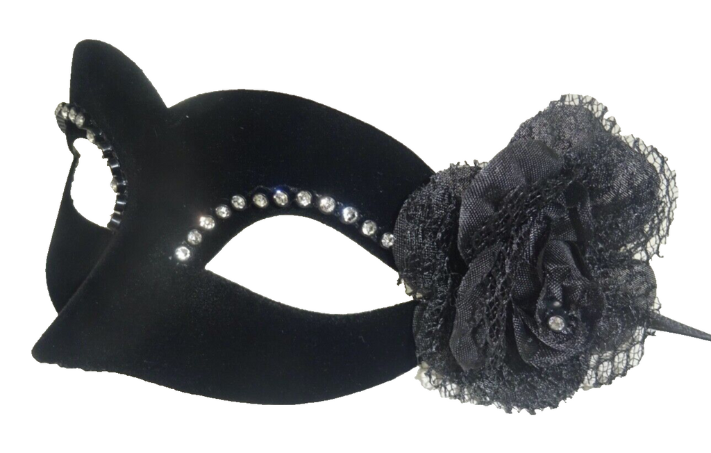 Ladies Black Velour Jewelled Venetian Masquerade Party Carnival Ball Mask Flower