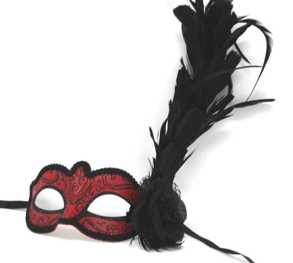 RED BLACK FLOWER BENDY FEATHERS VENETIAN CARNIVAL MASQUERADE PARTY EYE MASK