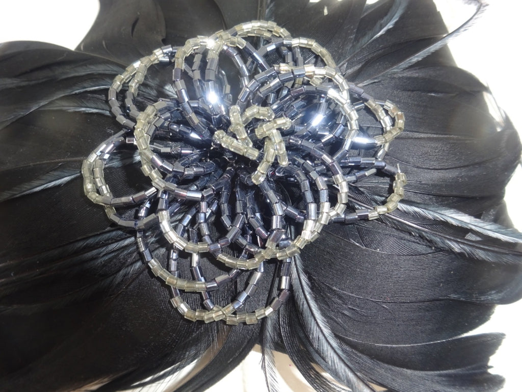 Hair Fascinator Corsage & Brooch Black Feather Petals & Beaded Centre- Funeral