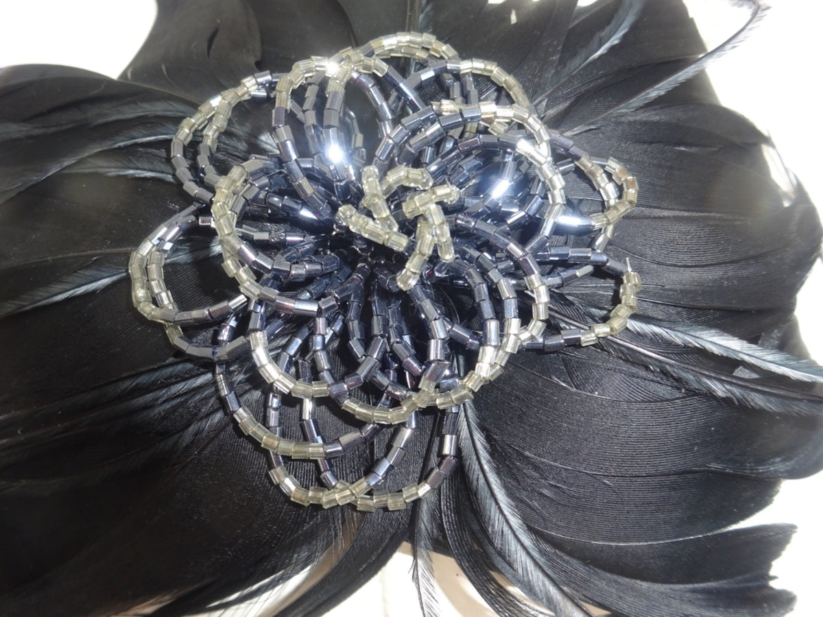Hair Fascinator Corsage & Brooch Black Feather Petals & Beaded Centre- Funeral