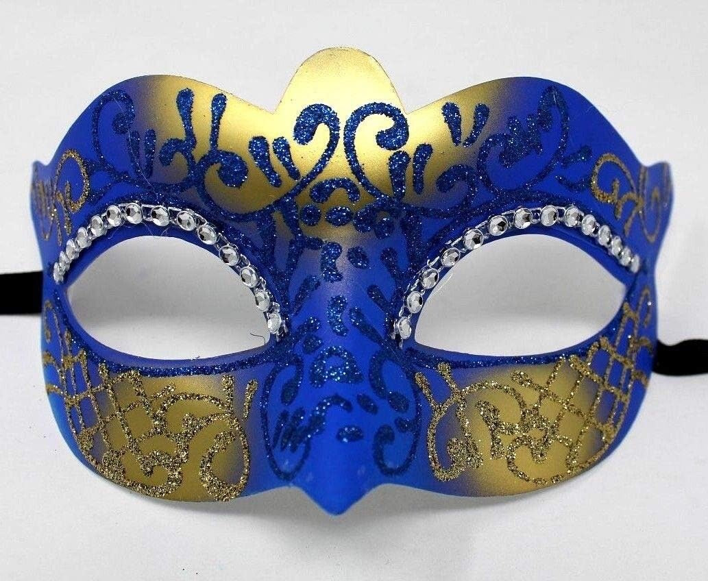 LADIES BLUE & GOLD VENETIAN MASQUERADE PARTY CARNIVAL BALL EYE MASK DIAMONTES